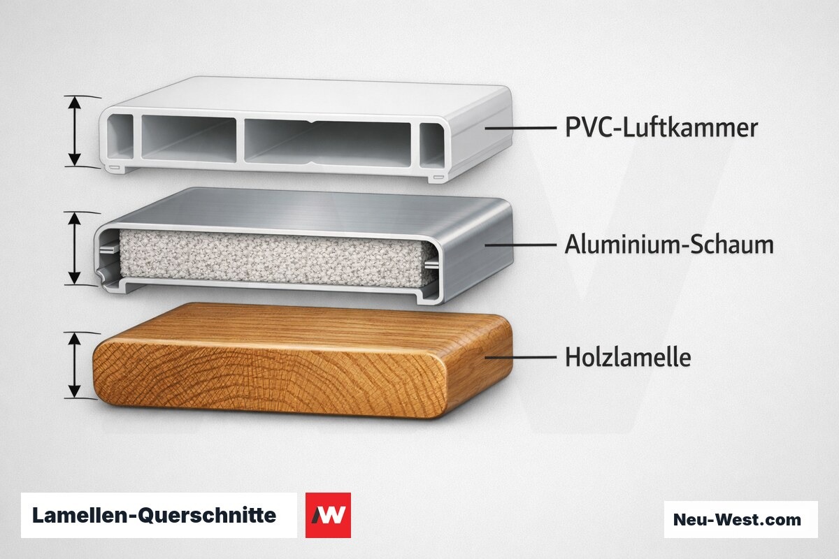 Lamellen-Querschnitte: PVC, Aluminium-Schaum, Holz – Erklär-Grafik (NEUWEST Berlin)