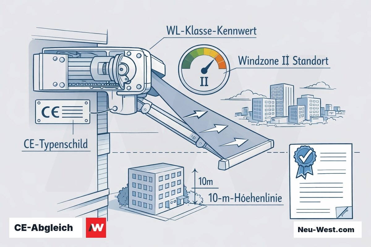 Erklär-Schnitt: Abgleich der CE-Kennzeichnung und WL-Klasse eines Markisen-Antriebskastens gegen Windzone II und die 10-Meter-Gebäudehöhe.