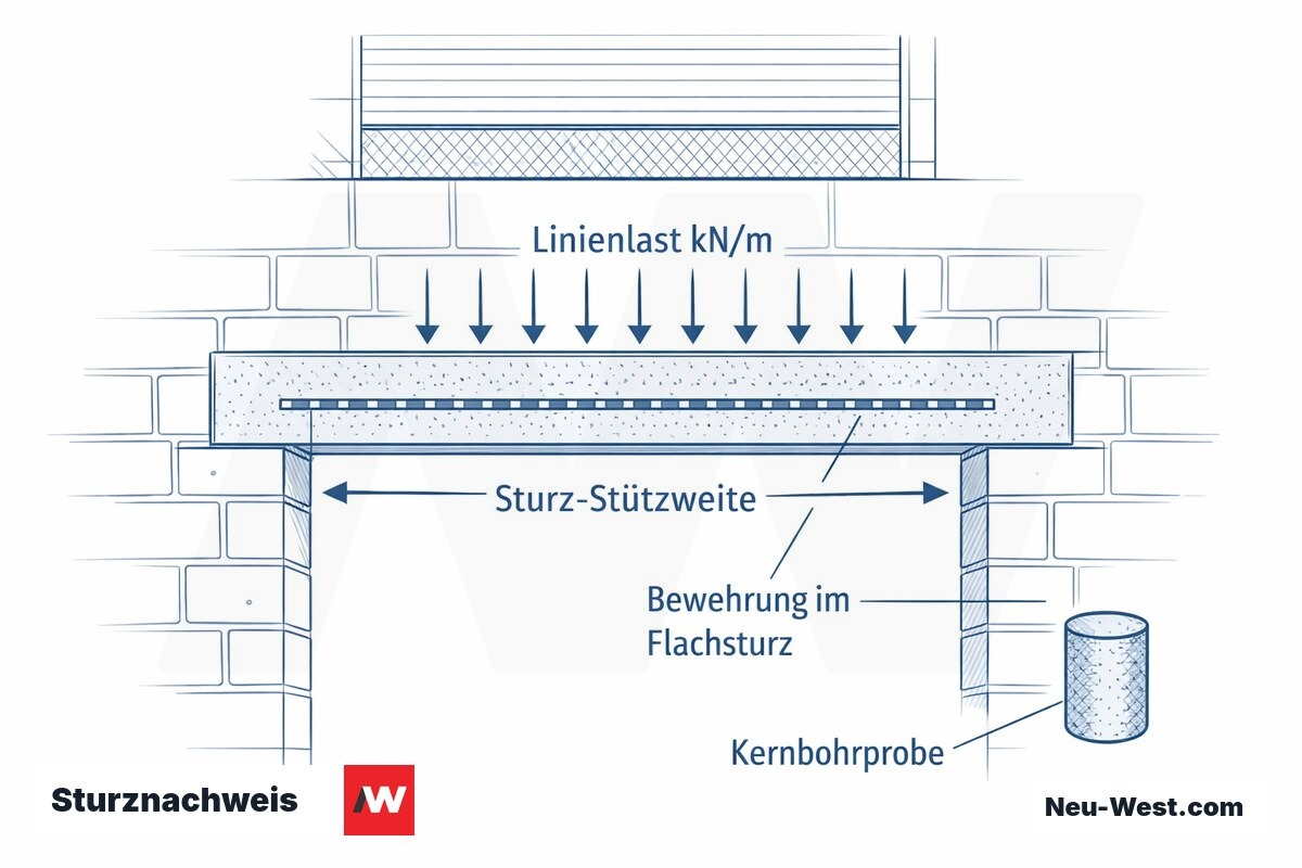Querschnitt eines gemauerten Fenstersturzes mit Stützweite, Linienlast, Bewehrung und Kernbohrprobe zur Prüfung der Standsicherheit.