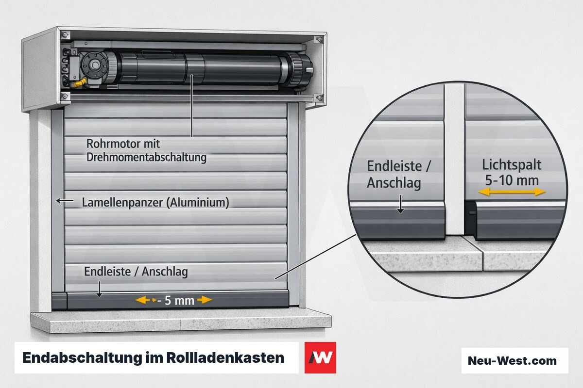 Querschnitt eines Rollladenkastens mit Rohrmotor, Drehmomentabschaltung, Lamellenpanzer und Detailvergleich des kritischen Lichtspalts an der Endleiste.