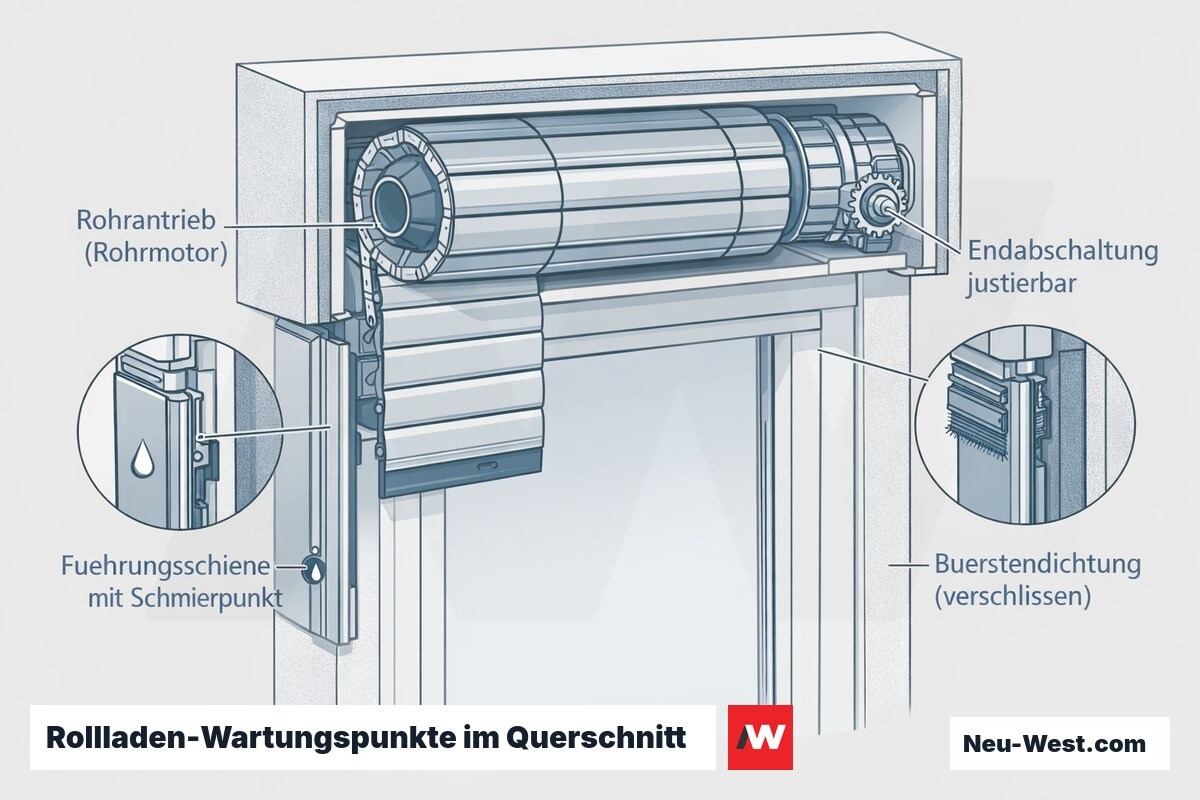 Querschnitt eines Rollladenkastens mit Rohrmotor, Führungsschiene mit Schmierpunkt, verschlissener Bürstendichtung und justierbarer Endabschaltung.