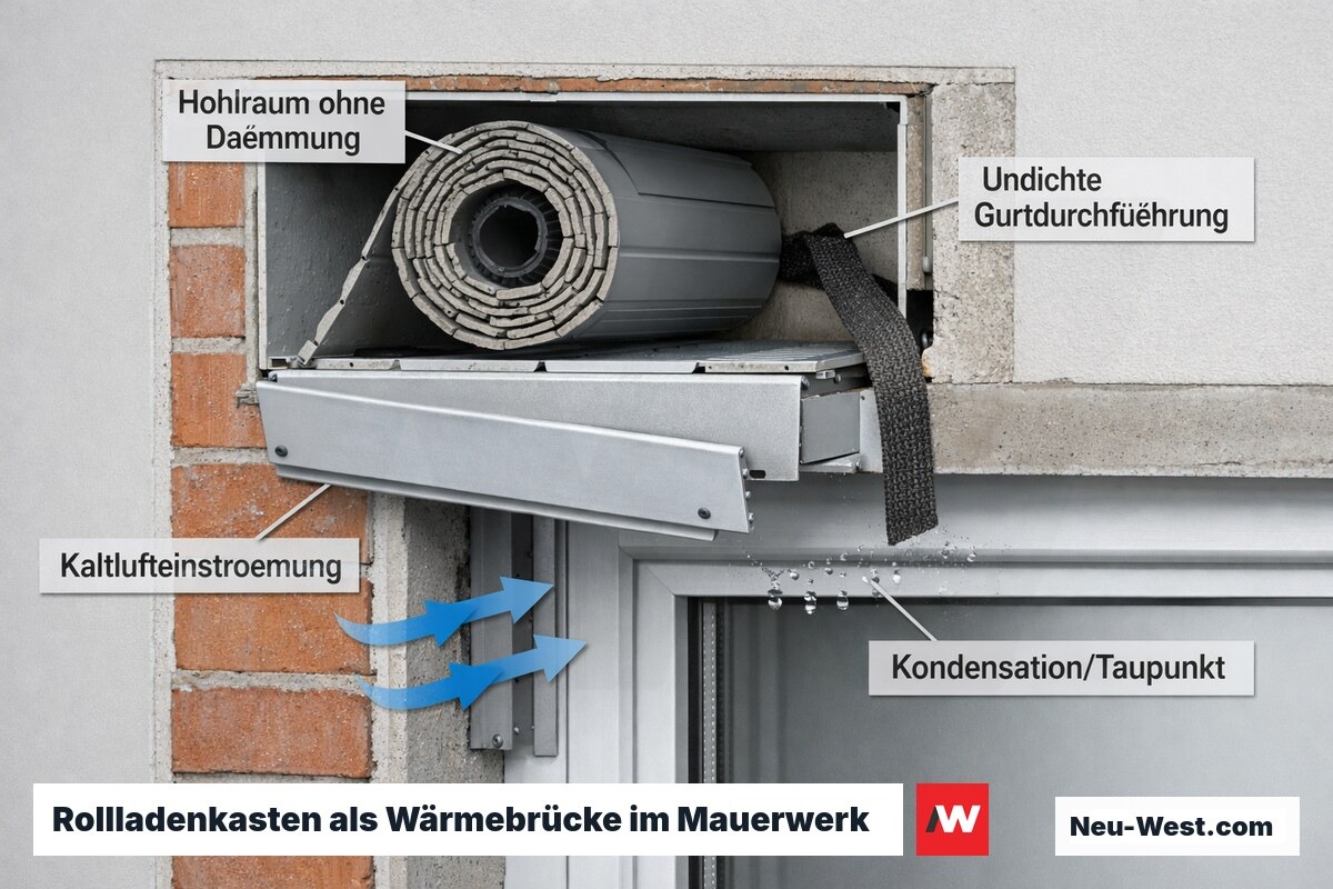 Querschnitt eines ungedämmten Einbau-Rollladenkastens im Mauerwerk mit Kondensation und Zugluft an der Gurtdurchführung