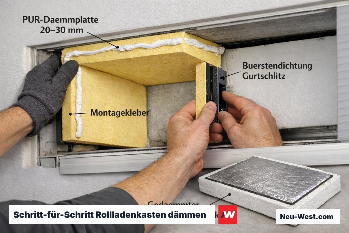 Handwerker klebt PUR-Dämmplatten in geöffneten Rollladenkasten und dichtet Gurtdurchführung mit Bürstendichtung ab