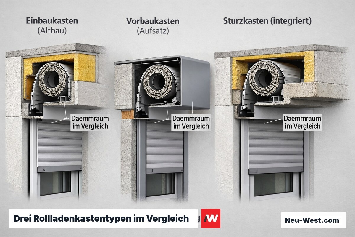 Vergleich der drei häufigsten Rollladenkastentypen im Mauerwerksquerschnitt: Einbau-, Vorbau- und Sturzkasten mit jeweiligem Dämmraum