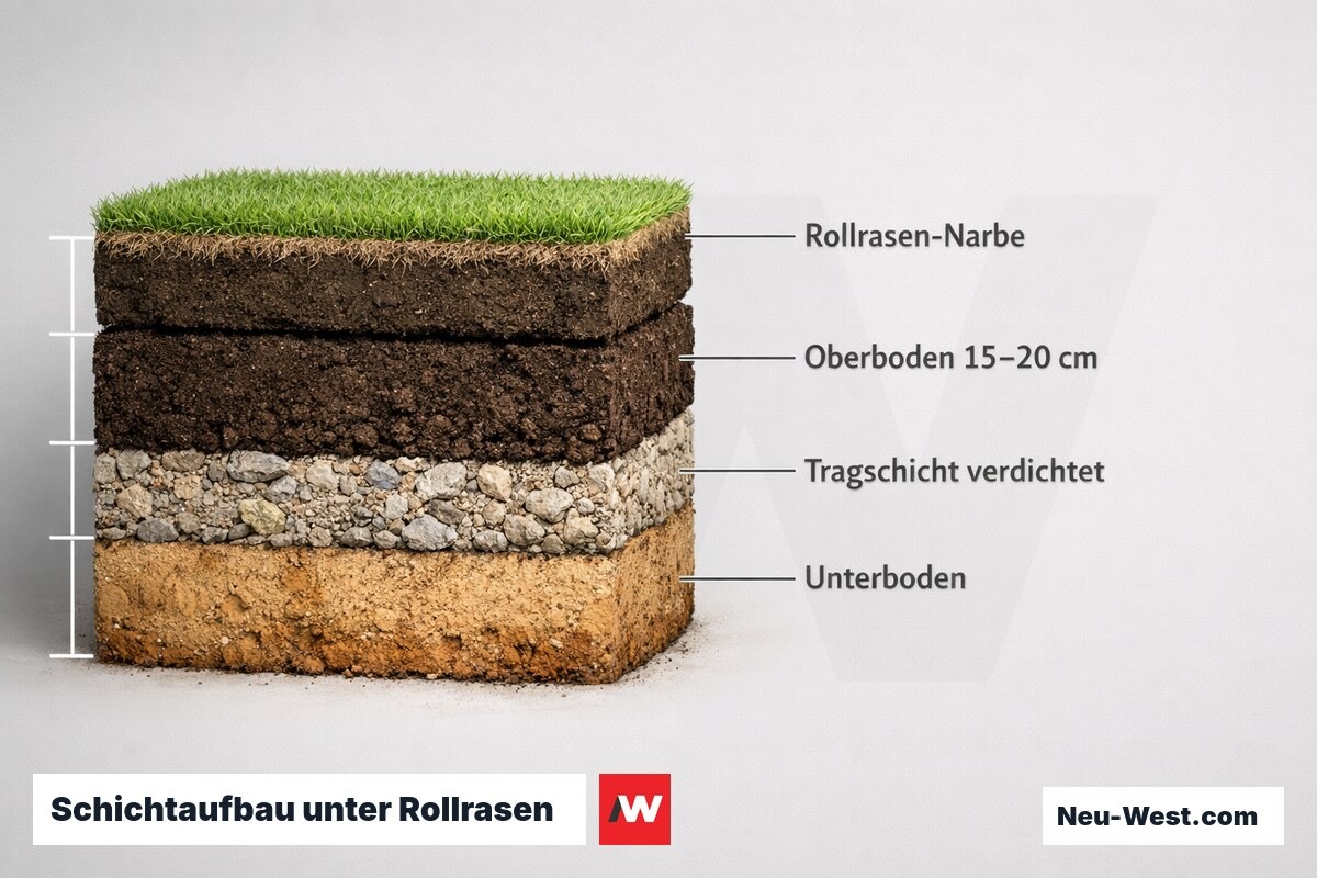 Schichtaufbau unter Rollrasen: Tiefen und Toleranzen je Bodentyp – Erklär-Grafik (NEUWEST Berlin)
