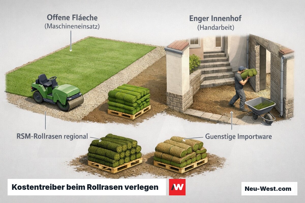 Vergleichs-Illustration der Kostentreiber beim Rollrasen: offene maschinenbefahrbare Fläche gegen engen Innenhof mit Handarbeit sowie regionaler RSM-Rollrasen gegen Importware.