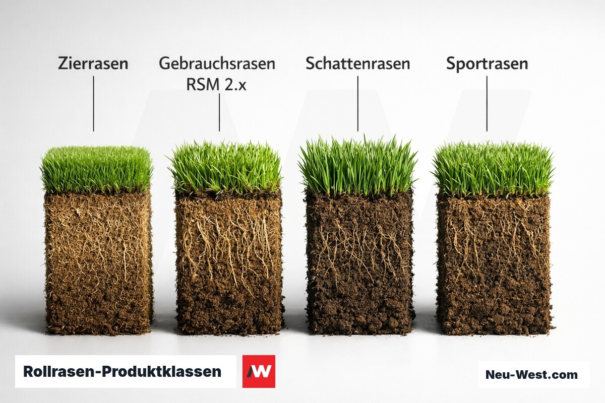 Rollrasen-Produktklassen: Narbendicke, Halmdichte und Einsatzbereich – Erklär-Grafik (NEUWEST Berlin)
