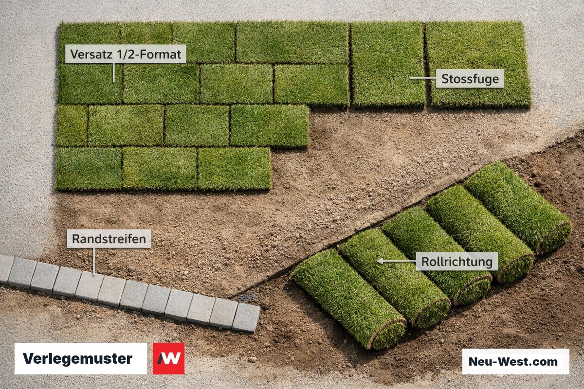Verlegemuster: Stossversatz, Rollrichtung und Randfuehrung – Erklär-Grafik (NEUWEST Berlin)