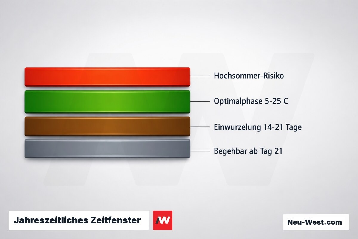 Jahreszeitliches Zeitfenster: Bodentemperatur, Risikophase und Einwurzelung – Erklär-Grafik (NEUWEST Berlin)