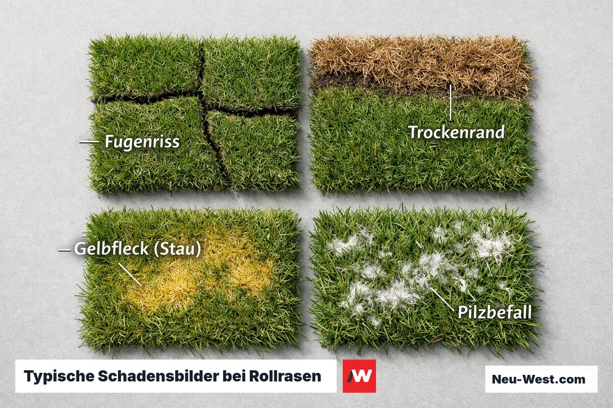 Typische Schadensbilder bei Rollrasen: Ursachen und Erscheinungsform – Erklär-Grafik (NEUWEST Berlin)