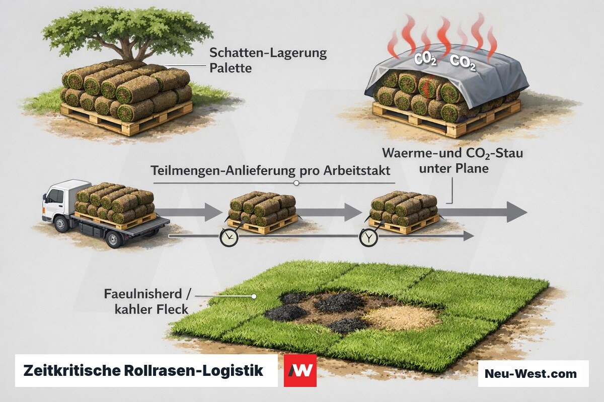 Erklär-Grafik: Rollrasen-Paletten schattig vs. unter Plane mit CO₂-Stau, gestaffelte Anlieferung und Fäulnisherde bei Überlagerung.