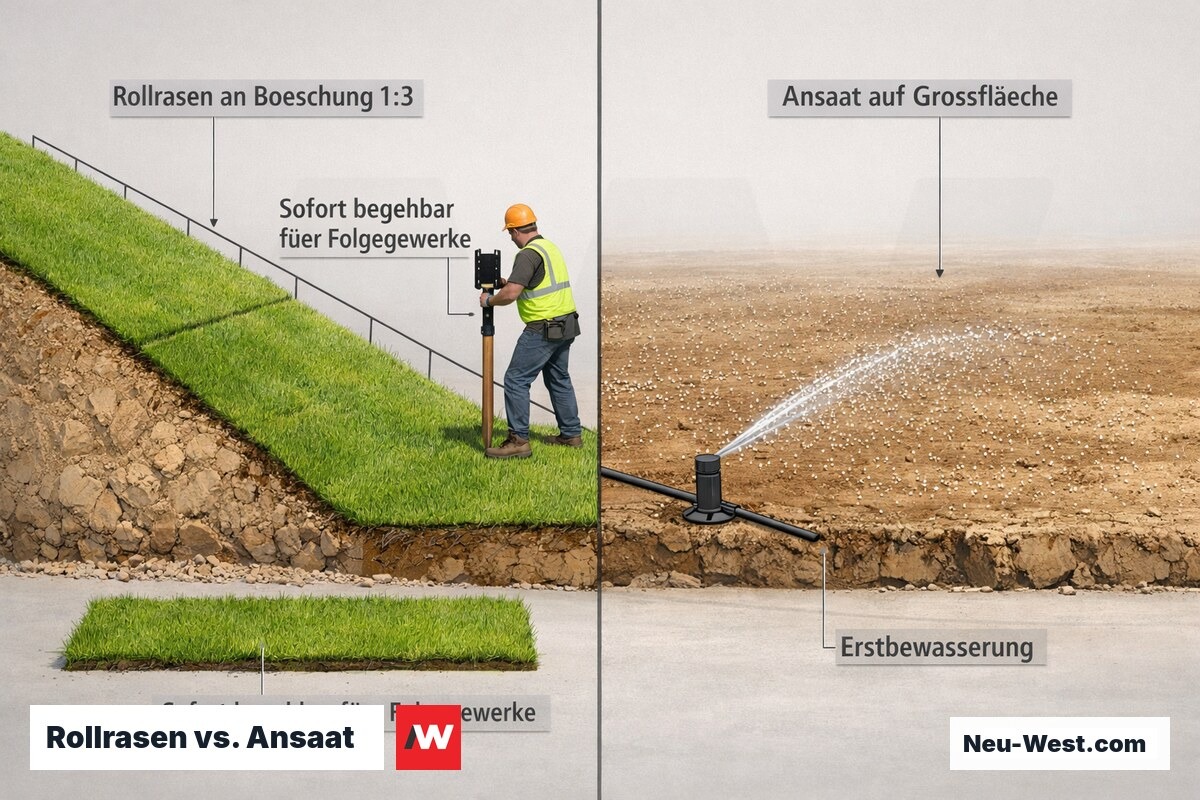 Vergleichsquerschnitt: Rollrasen an steiler Böschung mit Folgegewerk gegenüber Ansaat auf bewässerter Großfläche, plus Restflächen-Streifen.