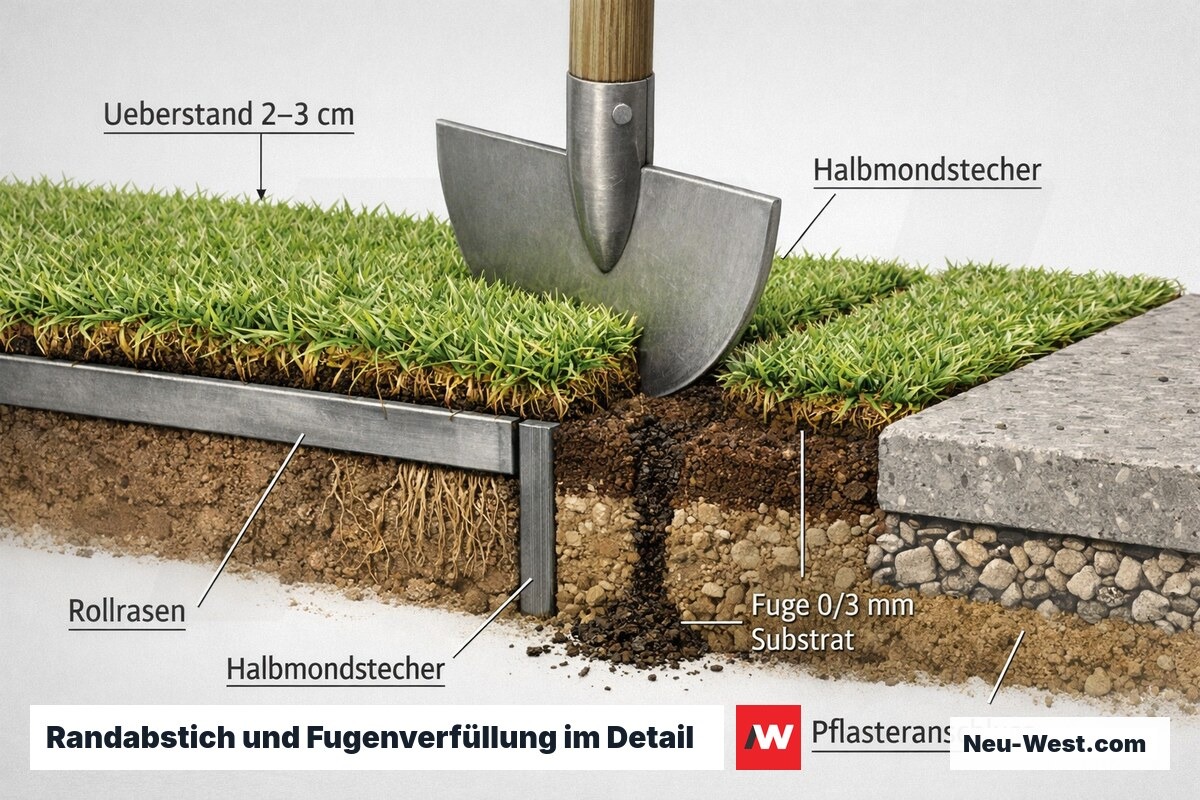 Querschnitt einer Rasenkante mit 2–3 cm Überstand, Halbmondstecher-Abstich und mit 0/3 mm Substrat verfüllter Fuge am Pflasteranschluss.