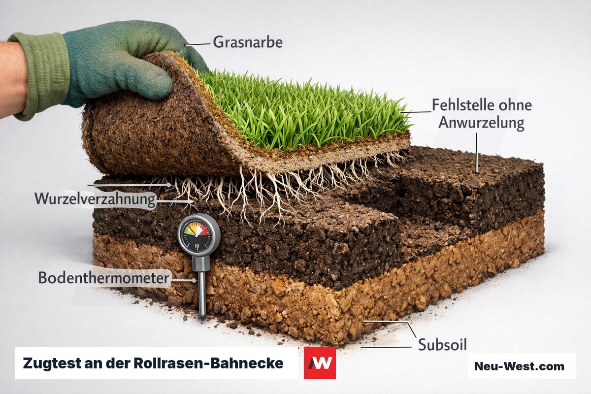 Querschnitt einer angehobenen Rollrasenbahn: Wurzelverzahnung mit dem Boden, Bodenthermometer und eine Fehlstelle ohne Anwurzelung im Vergleich.