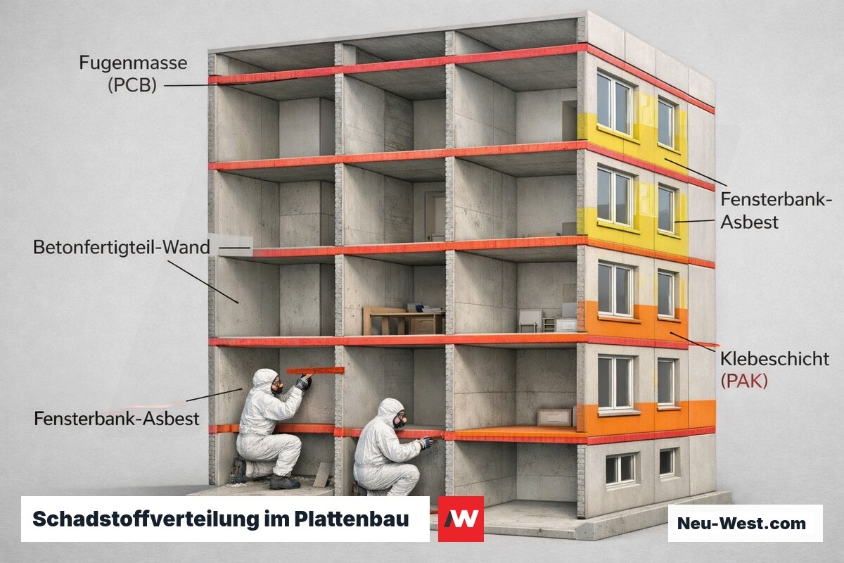 Querschnitt eines DDR-Plattenbaus mit farbig markierten Schadstoffzonen in Fugen, Fensterrahmen und Klebeschichten.