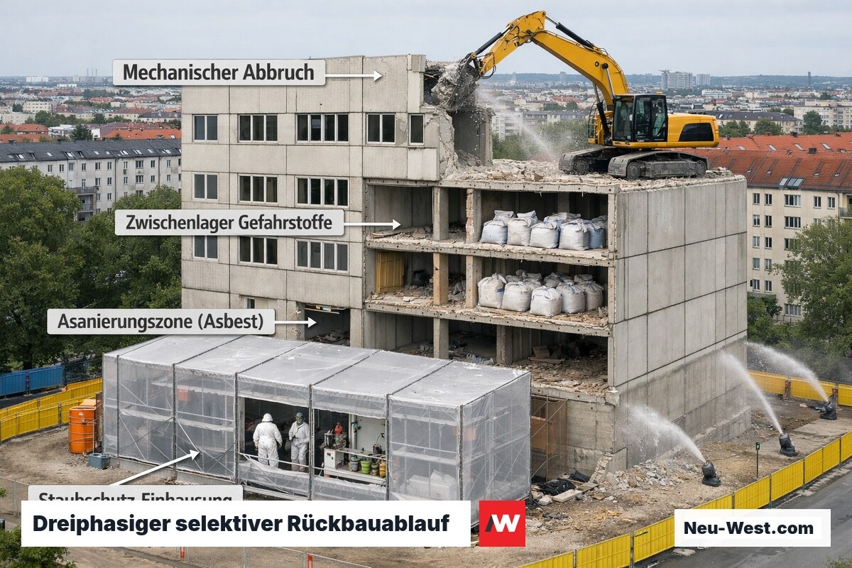 Luftansicht einer Plattenbau-Abbruchstelle in Berlin mit gleichzeitig laufender Schadstoffsanierung und mechanischem Abbruch.