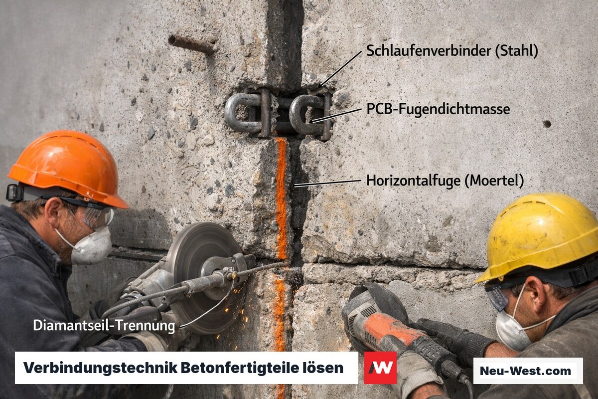 Nahaufnahme der Trennung zweier Betonfertigteilplatten mit sichtbarem Stahlverbinder und PCB-haltiger Fugenmasse.