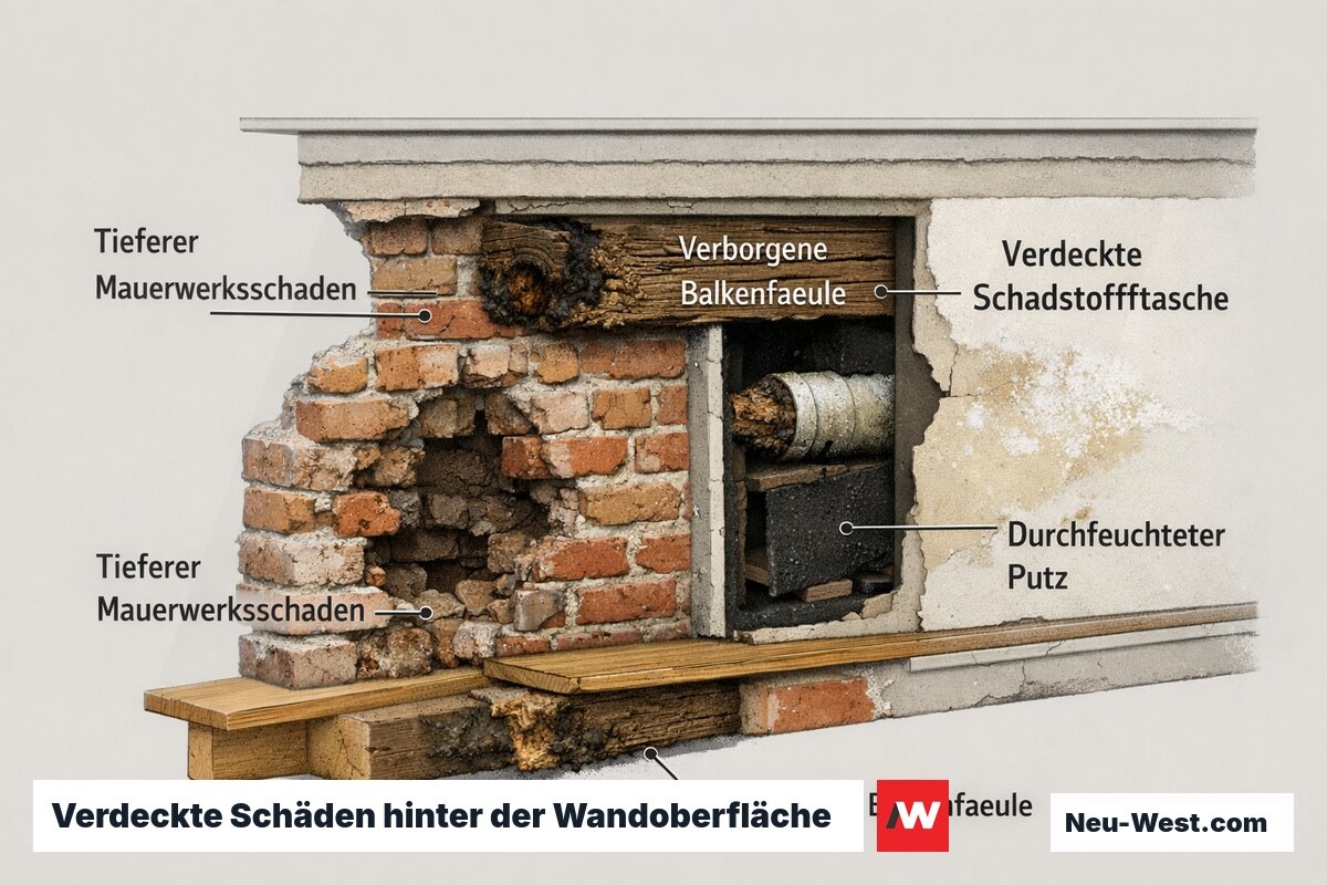 Cutaway-Schnitt einer Altbauwand mit verstecktem Mauerwerksschaden, Schadstofftasche, Balkenfäule und durchfeuchtetem Putz als Preistreiber.