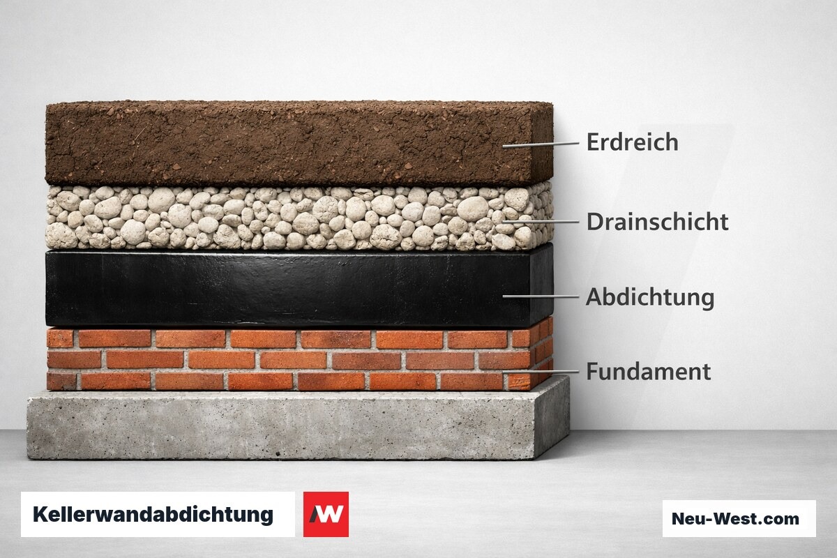 Kellerwandabdichtung — Aussendabdichtung im Querschnitt – Erklär-Grafik (NEUWEST Berlin)