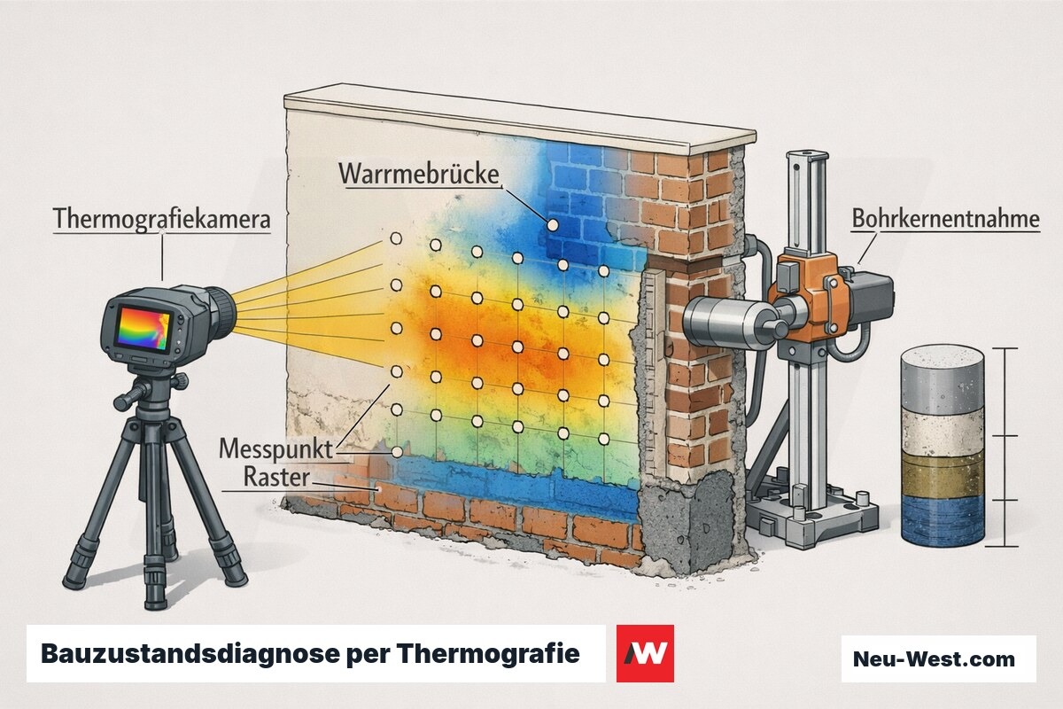Querschnitt einer Außenwand mit Thermografiekamera, Wärmebrücke, Messpunkt-Raster und Bohrkernentnahme für Laborsalzanalyse zur Bauzustandsdiagnose.