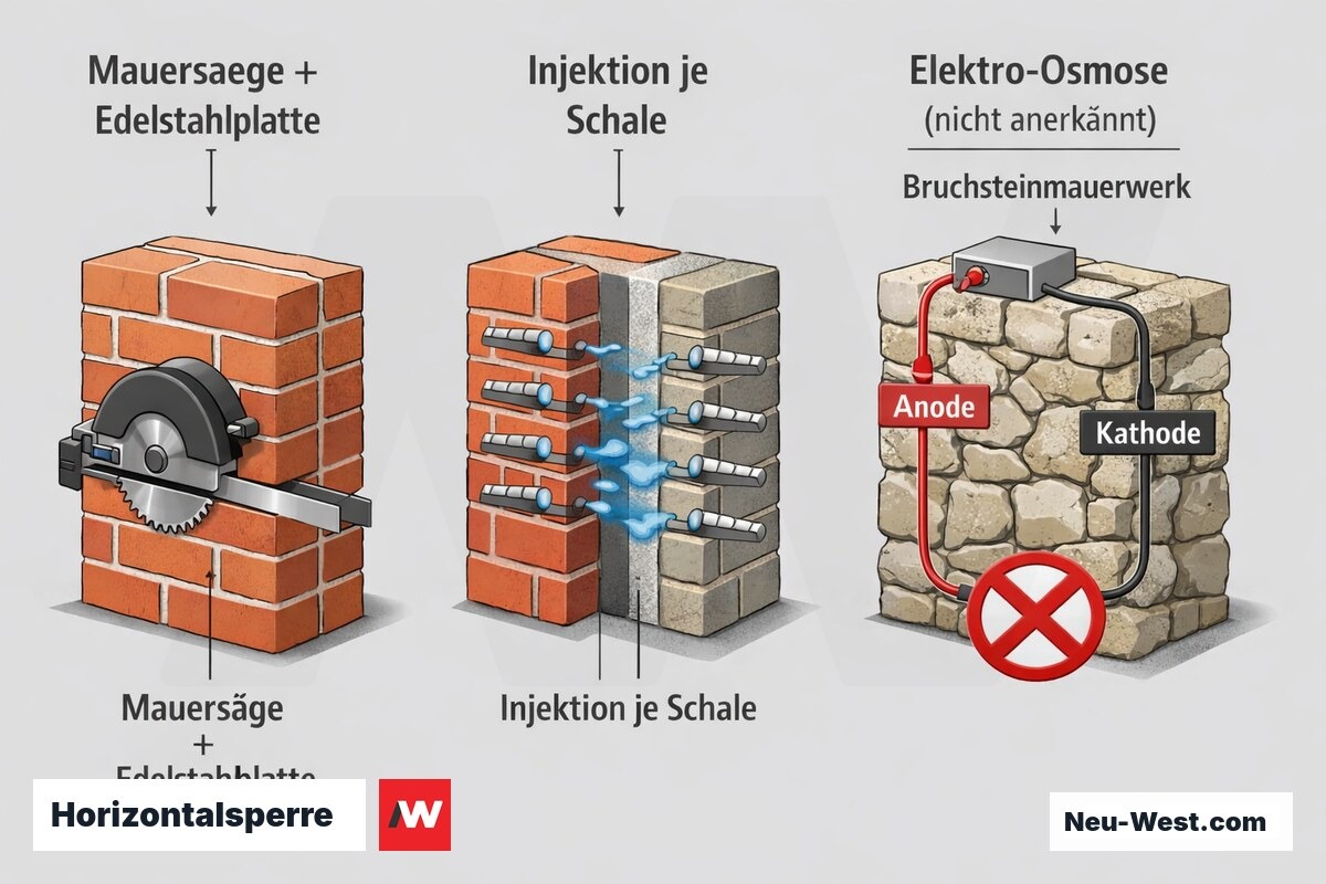 Erklär-Grafik vergleicht drei Horizontalsperre-Verfahren: Mauersäge mit Edelstahlplatte, getrennte Injektion je Schale und nicht anerkannte Elektro-Osmose.