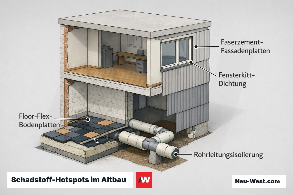 Aufgeschnittener Altbau-Querschnitt mit typischen asbesthaltigen Bauteilen: Bodenplatten, Rohrisolierung, Fassadenplatten und Fensterkitt als Erkundungsstellen.