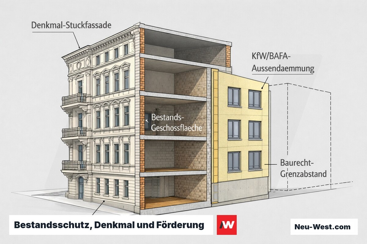 Querschnitt eines Berliner Altbaus zeigt geschützte Stuckfassade, Bestandsgeschossflächen an der Grundstücksgrenze und geförderte Außendämmung gegenüber Neubau-Baugrenze.