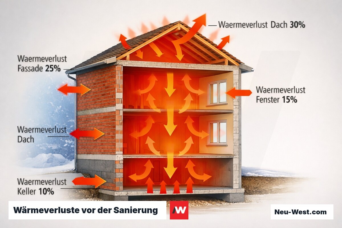 Querschnitt eines unsanierten Altbaus mit farblich markierten Wärmeverlusten über Dach, Fassade, Fenster und Keller.