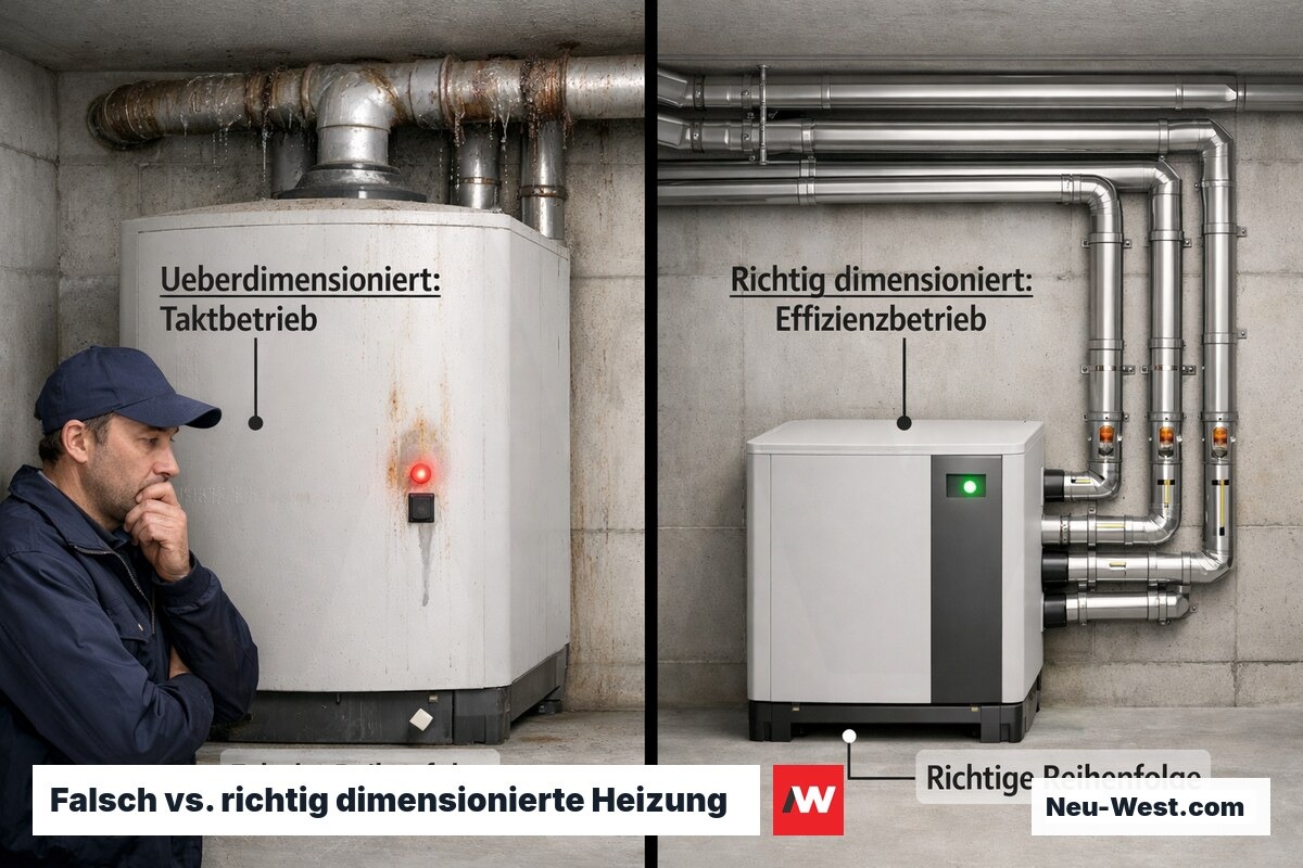Vergleich: überdimensionierter Kessel bei falscher Reihenfolge links, korrekt dimensionierte Wärmepumpe rechts nach Dämmung.