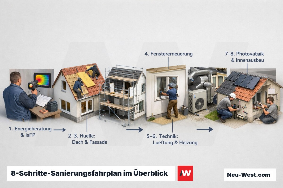 Vogelperspektive auf acht aufeinanderfolgende Sanierungsphasen eines Wohngebäudes, von Energieberatung bis Innenausbau.