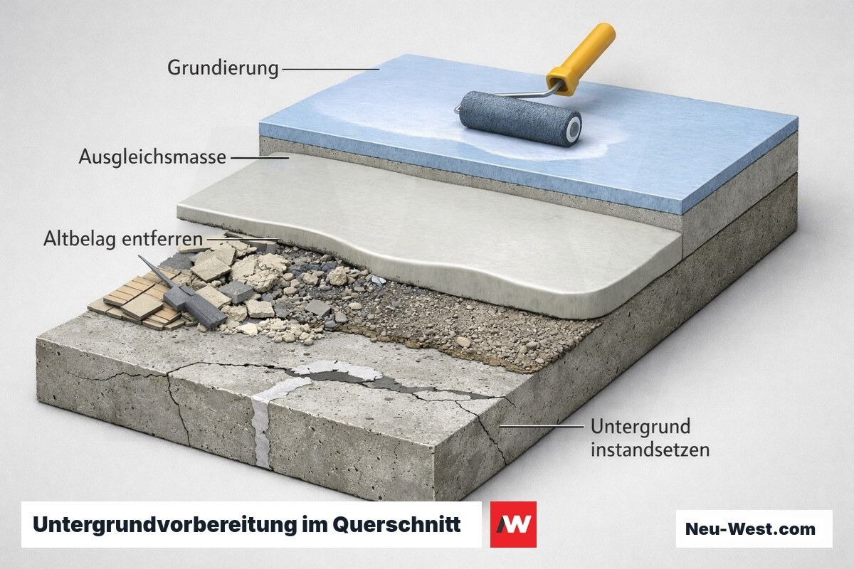 Querschnitt der Untergrundvorbereitung: Altbelag entfernen, Betonuntergrund instandsetzen, Ausgleichsmasse und Grundierung vor dem Fliesenverlegen.