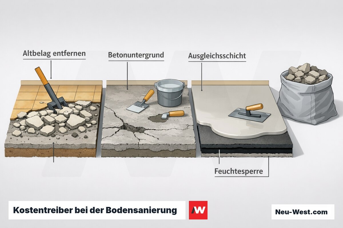 Querschnitt zeigt Altbelag-Entfernung, Betonuntergrund, Ausgleichsschicht und Feuchtesperre als kostenrelevante Arbeitsschritte.