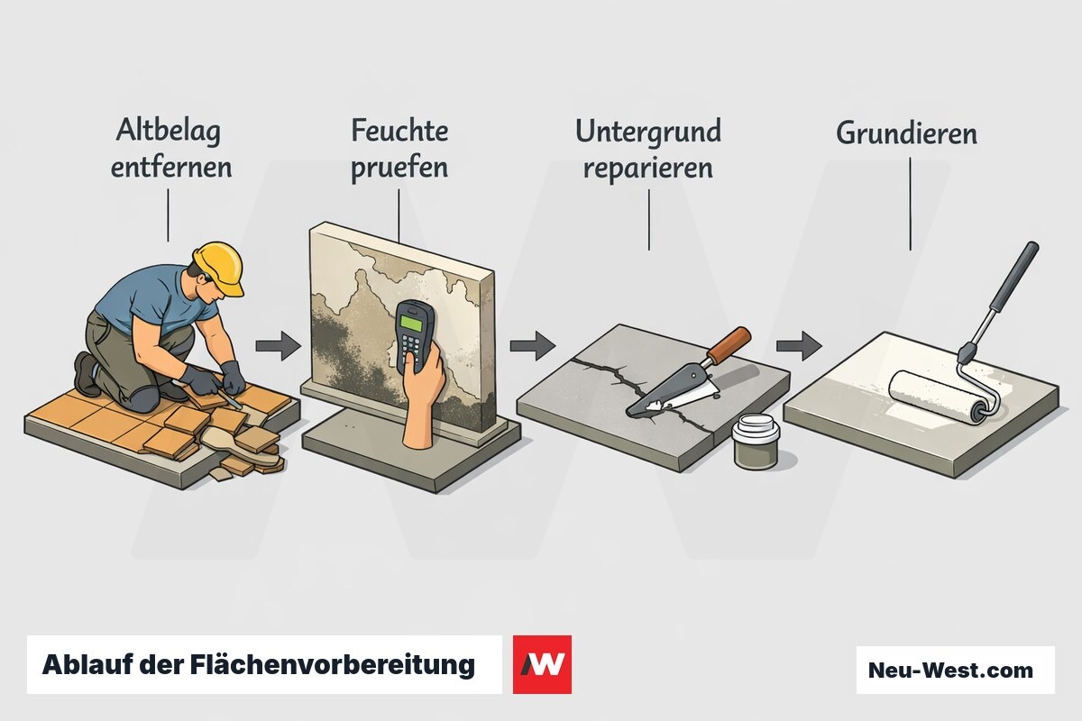 Prozess-Sequenz der Fliesenvorbereitung: Altbelag entfernen, Feuchte prüfen, Untergrund reparieren und grundieren als vier getrennte Arbeitsschritte.