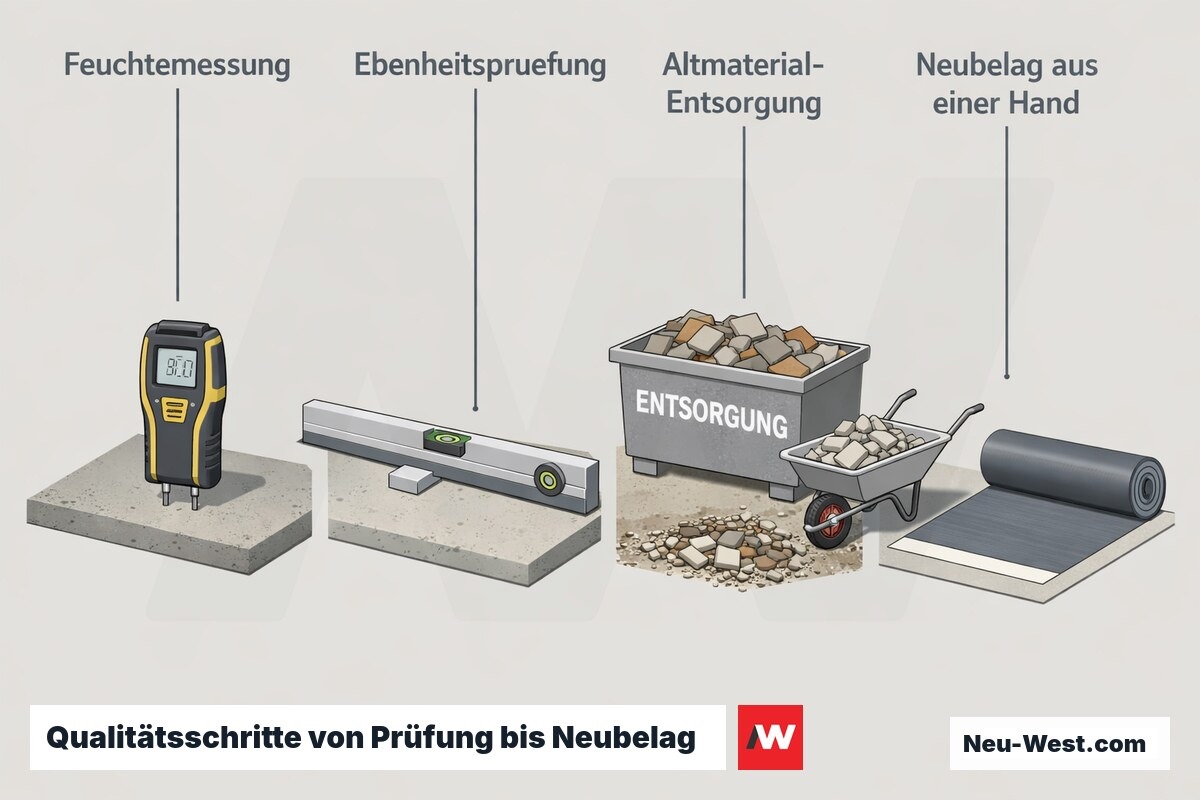 Prozesskette: Feuchtemessung, Ebenheitsprüfung, Entsorgung des Altmaterials und Verlegung des Neubelags als Qualitätsschritte aus einer Hand.