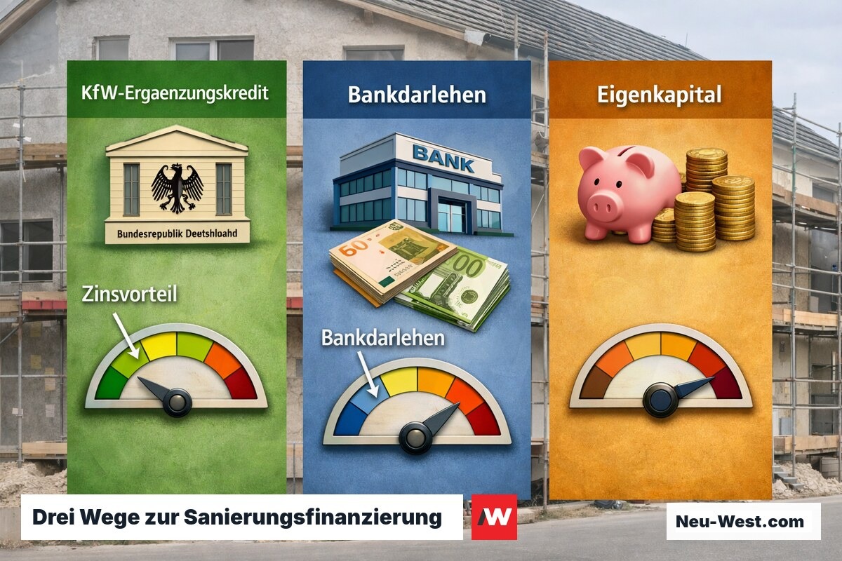 Vergleich drei Finanzierungswege für energetische Sanierung: KfW-Kredit, Bankdarlehen und Eigenkapital nebeneinander