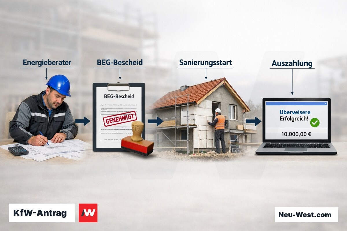 Ablauf KfW-Kreditantrag in vier Schritten: Energieberater, Förderbescheid, Baubeginn, Kreditauszahlung