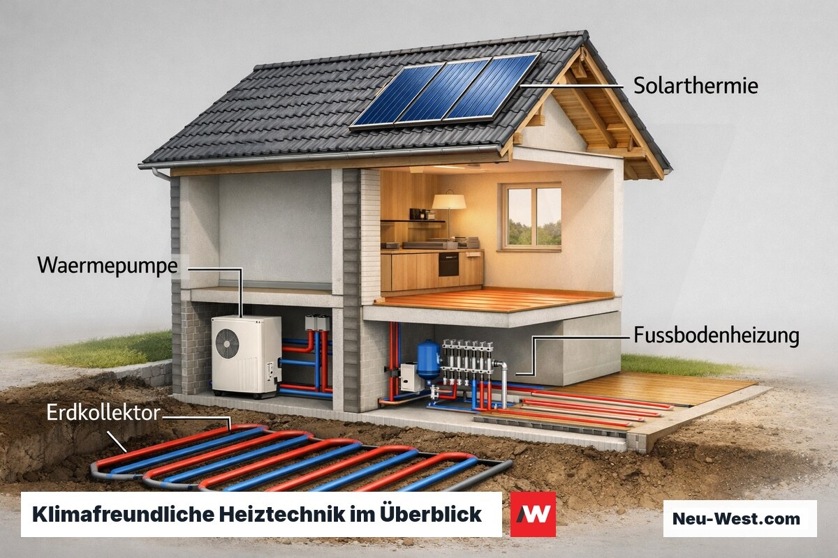 Technischer Querschnitt eines Wohngebäudes mit Wärmepumpe, Erdkollektor, Solarthermie und Fußbodenheizung