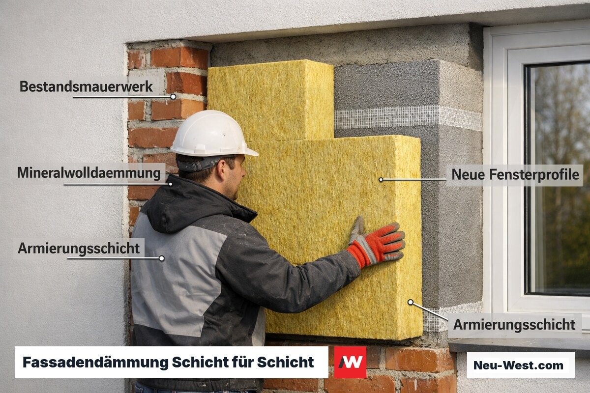 Querschnitt einer Außenwanddämmung mit Mineralwolle, Armierungsschicht und modernen Fensterprofilen an einem Altbau