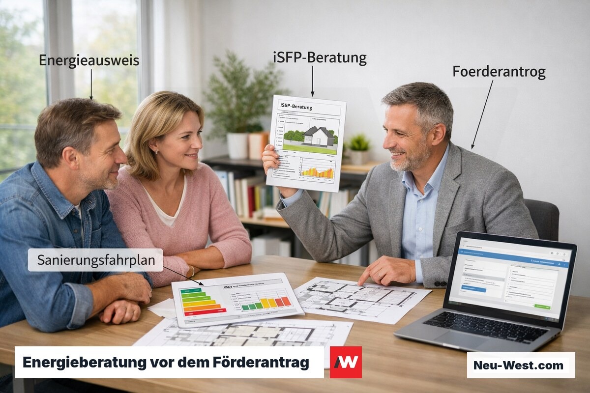 Energieberater erklärt einem Eigentümerpaar den individuellen Sanierungsfahrplan und die Fördermöglichkeiten