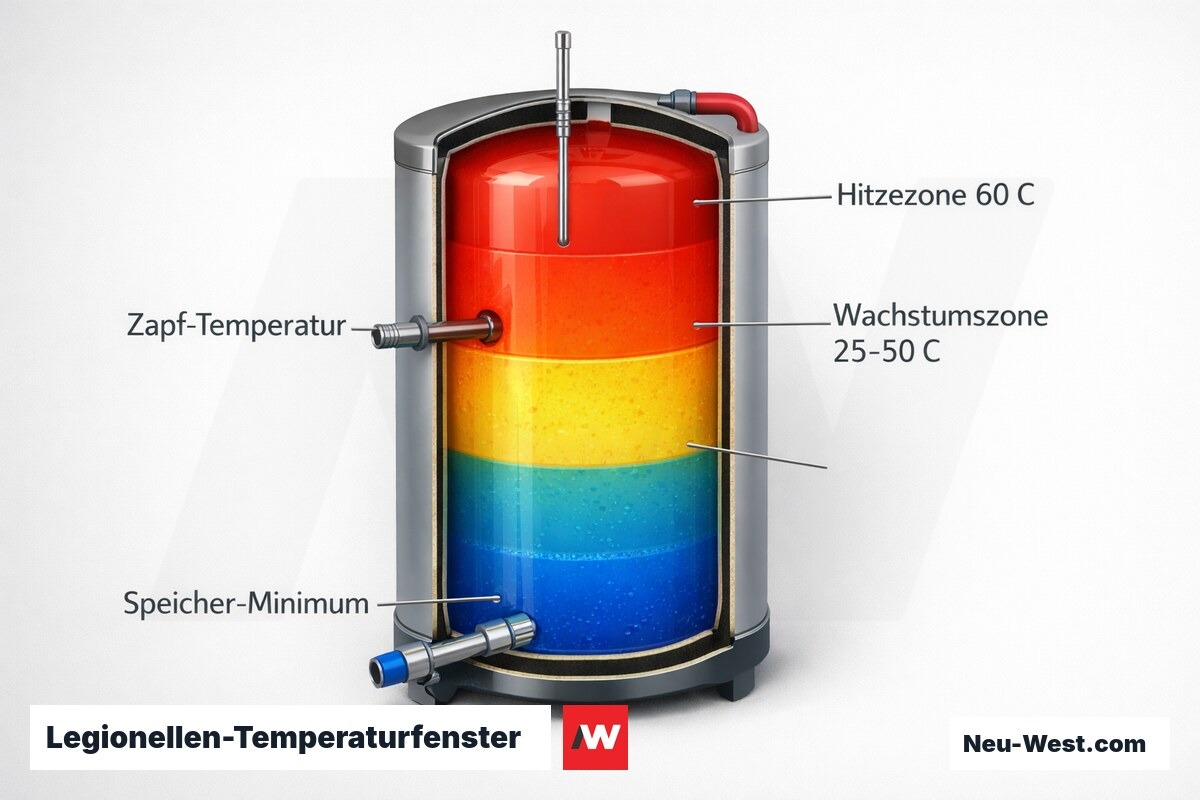 Legionellen-Temperaturfenster: Speicher- und Zapftemperaturen nach DVGW W 551 – Erklär-Grafik (NEUWEST Berlin)