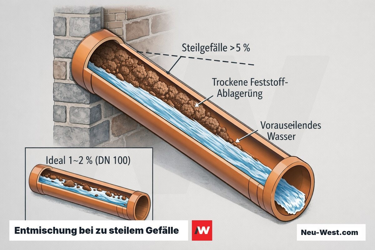 Rohr-Querschnitt: bei zu steilem Abwassergefälle eilt das Wasser voraus, Feststoffe bleiben als trockene Ablagerung zurück; Vergleich mit idealem Gefälle.