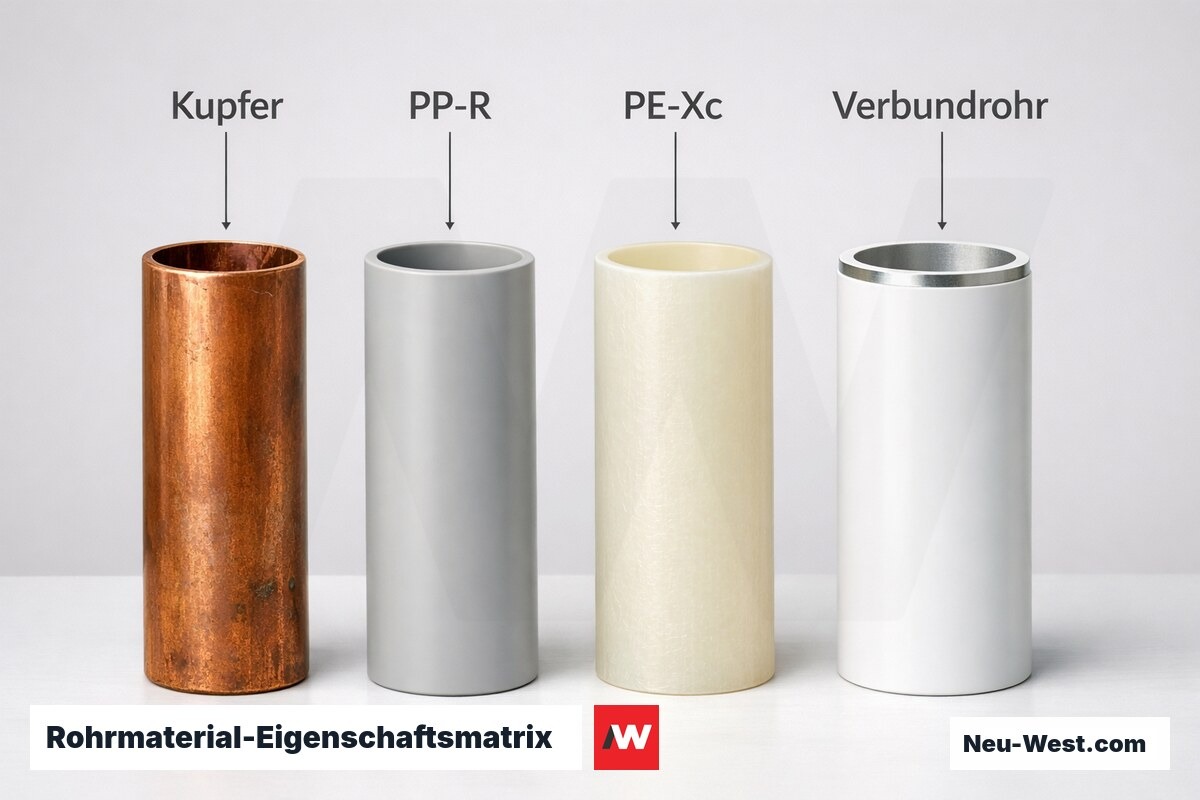 Rohrmaterial-Eigenschaftsmatrix: Kupfer, PP-R, PE-Xc und Verbundrohr im Vergleich – Erklär-Grafik (NEUWEST Berlin)