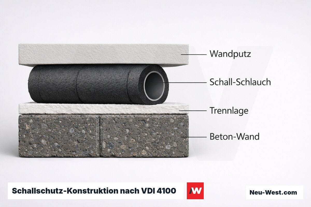 Schallschutz-Konstruktion nach VDI 4100: Wanddurchführung Sanitärleitung SGI/SGII – Erklär-Grafik (NEUWEST Berlin)