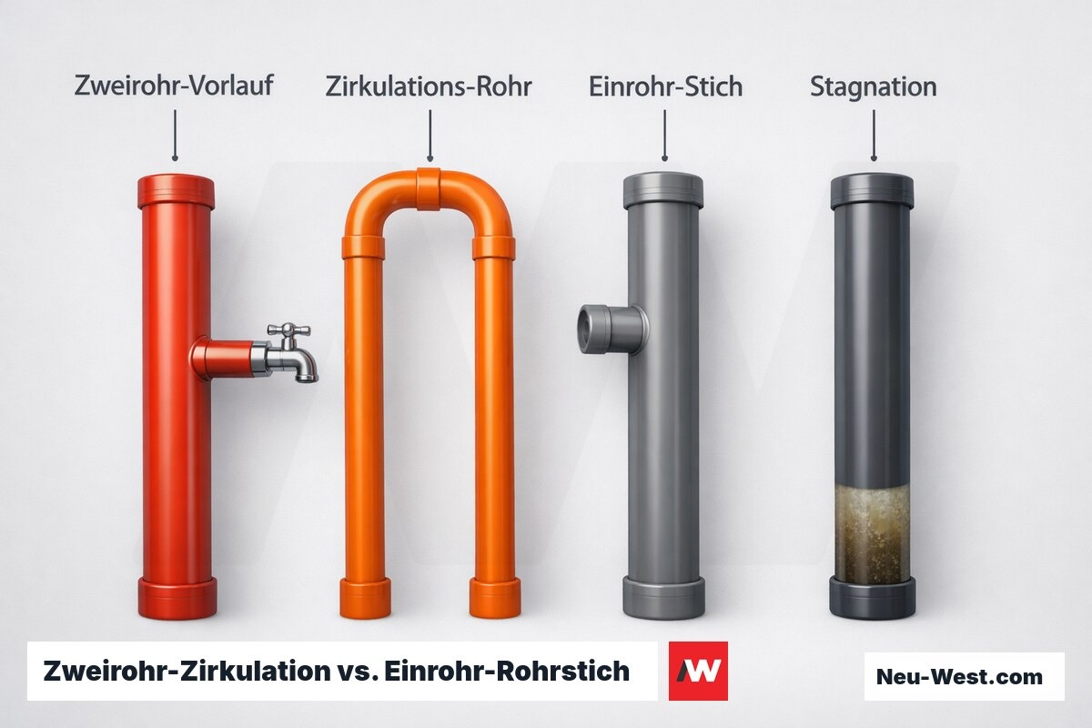 Zweirohr-Zirkulation vs. Einrohr-Rohrstich: Stagnationsvolumen und Hygienerelevanz – Erklär-Grafik (NEUWEST Berlin)