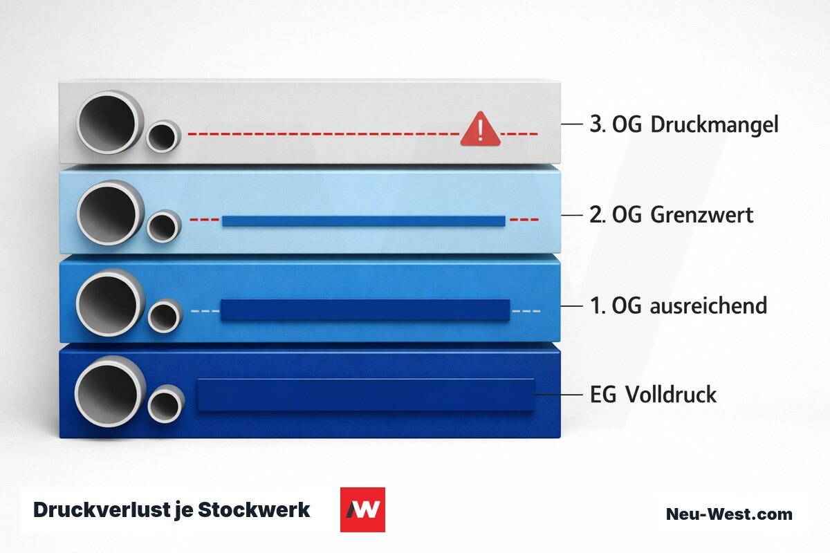 Druckverlust je Stockwerk: Fließdruck am obersten Verbraucher in Abhängigkeit von DN und Zapfmenge – Erklär-Grafik (NEUWEST Berlin)