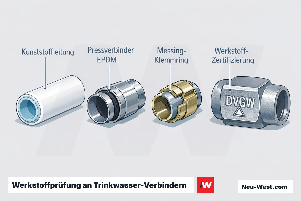 Cutaway-Grafik von Trinkwasser-Verbindern: Kunststoffrohr, EPDM-Pressverbinder, Messing-Klemmring und Zertifizierungsstempel im Querschnitt.