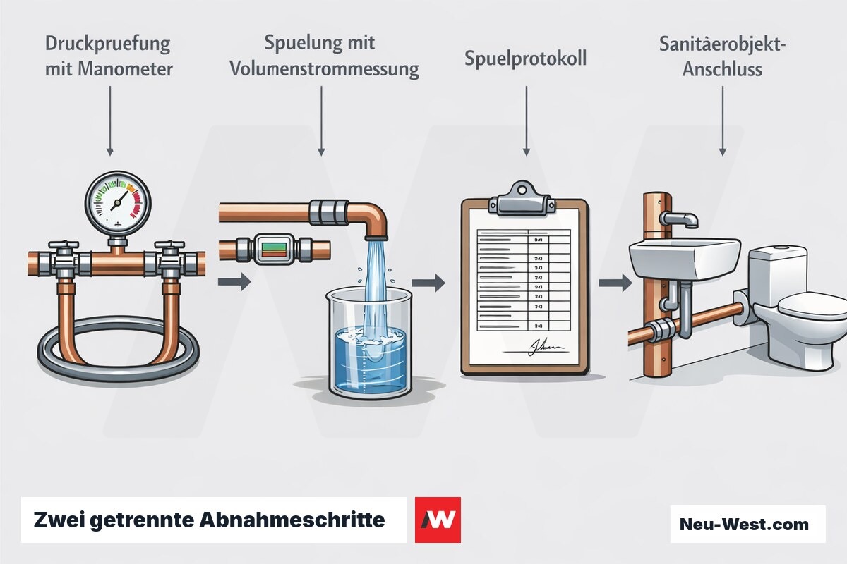 Prozessgrafik: Druckprüfung mit Manometer, anschließende Spülung mit Volumenstrommessung und Dokumentation im Spülprotokoll vor der Anlagenabnahme.