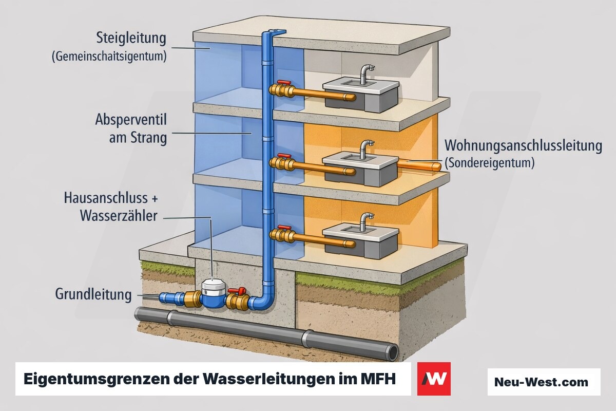 Gebäudeschnitt eines Mehrfamilienhauses: Steigleitung als Gemeinschaftseigentum, Wohnungsanschlussleitung ab Absperrventil als Sondereigentum, mit Hausanschluss und Wasserzähler.