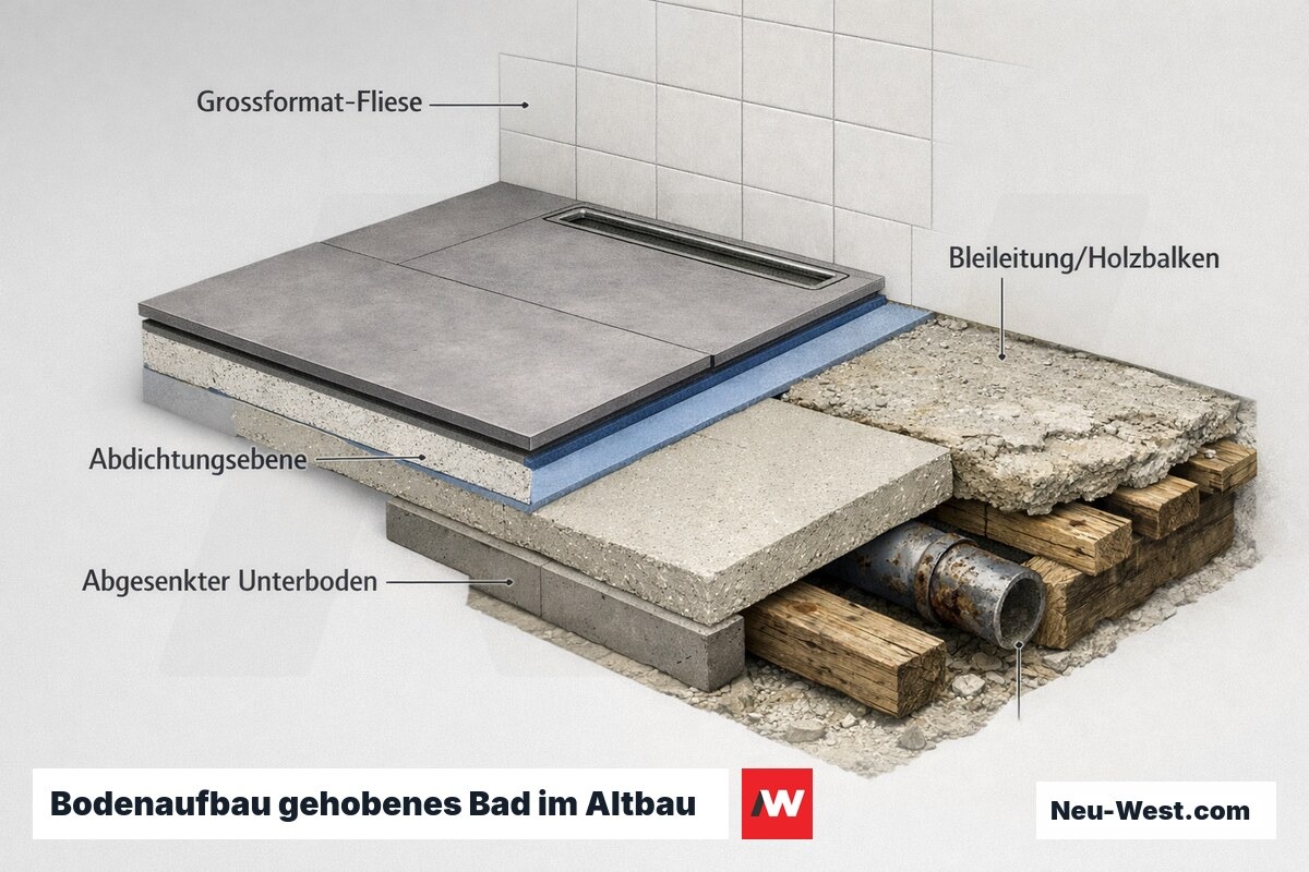 Cutaway-Querschnitt eines gehobenen Badbodens im Berliner Altbau: Großformatfliesen, Abdichtung, abgesenkter Unterboden, bodengleiche Dusche und verdeckte Baumängel.