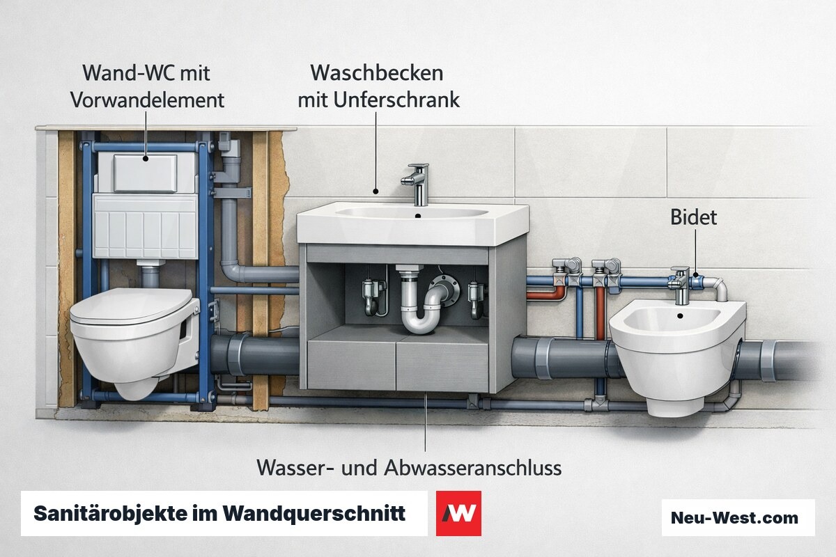 Querschnitt einer Badwand mit Wand-WC auf Vorwandelement, Waschbecken mit Unterschrank und Bidet samt Wasser- und Abwasseranschlüssen.